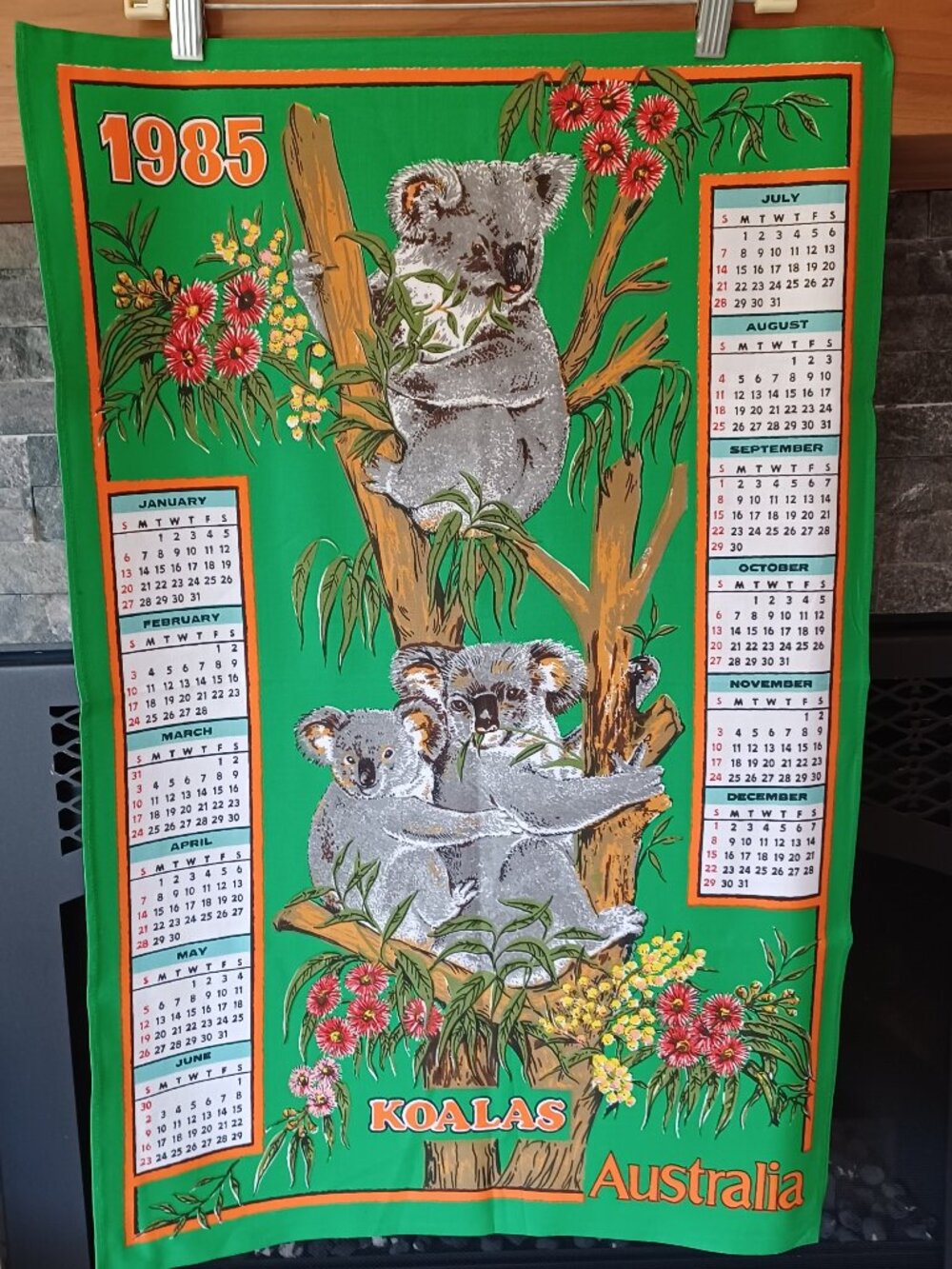 1985 VTG Calendar Tea Towel Kitchen Wall Hanging KOALAS Australia Cottage Core